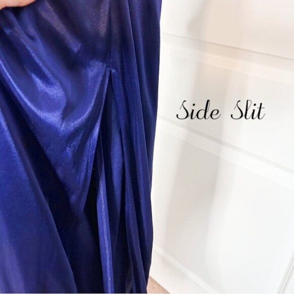Reign On Bright Navy Blue Satin Speghetti Strap Formal Dress with Rhinestones L - Picture 6 of 9